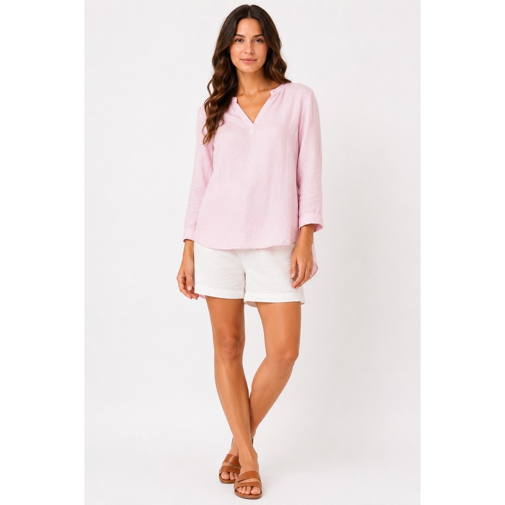 LL Bean Womens Pink 100% Linen Split Neck Tunic Blouse Medium